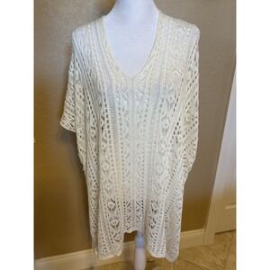 Women's Ivory Crochet V Neck Cover Up Poncho Dress, Large